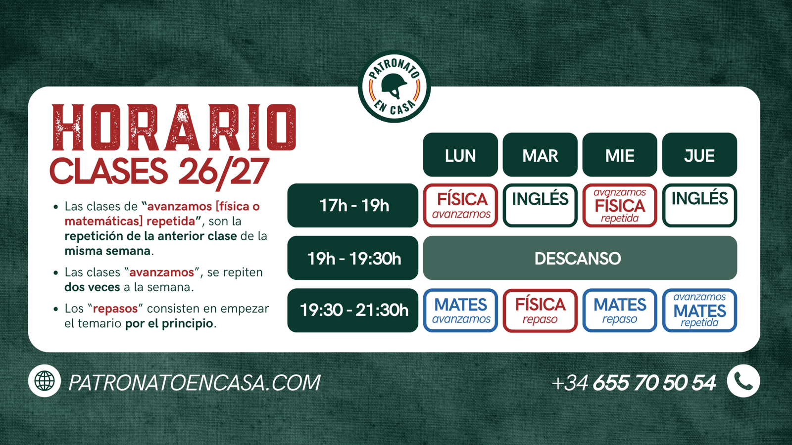 Horario de clases 2026/27 para preparación de oposiciones a Oficiales y Suboficiales en Patronato en Casa